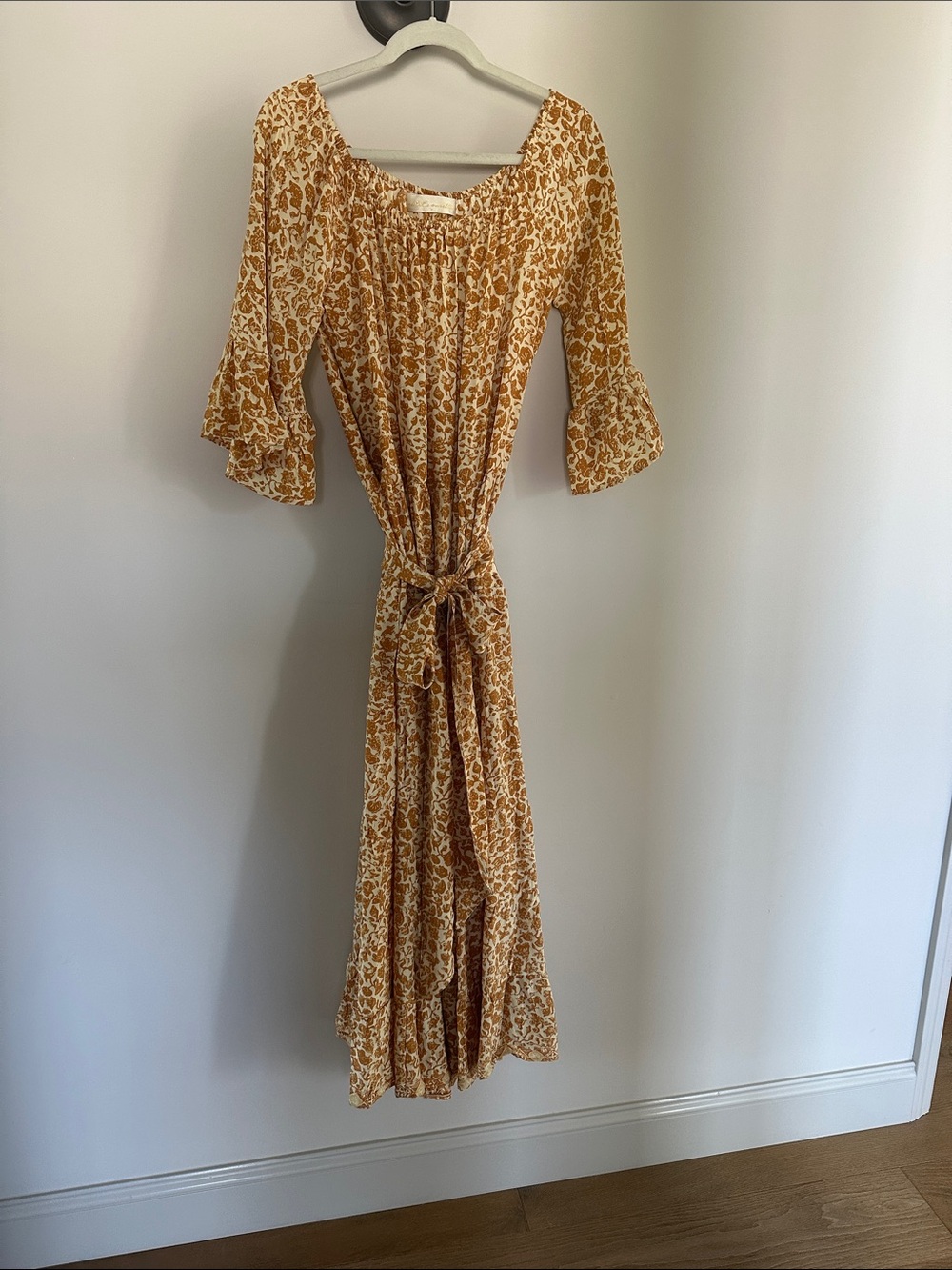 Natalie Martin Yellow Floral Tie-Waist Midi Dress